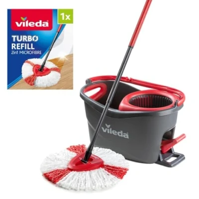 Image of Vileda Turbo Microfibre Mop and Bucket Set with Extra 2 in 1 Head Replacement, Spin for Cleaning Floors, of 1x Mop, Refill