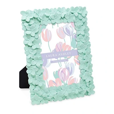 Image of Laura Ashley 4x6 Mint Green Flower Textured Hand Crafted Resin Picture Frame w/Easel &amp; Hook for Tabletop Wall Display, Decorative Floral Design Home Décor, Photo Gallery, Art (4x6, Green)
