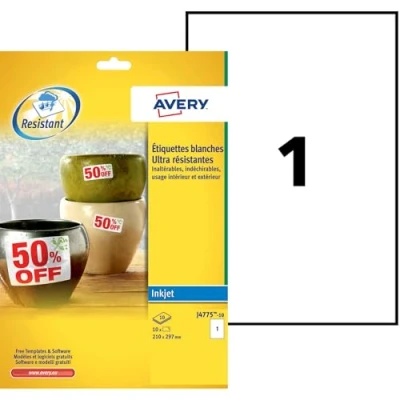 Image of Avery J4775 10 Heavy Duty Weatherproof Labels for Inkjet Printers (210 x 297 mm Labels, 1 Label per A4 Sheet, Sheets Pack) White