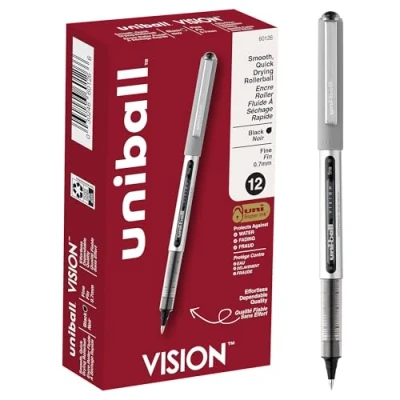 Image of Uni Ball Rollerball Stick Pens, Fine Point, Black Ink, 12 Count