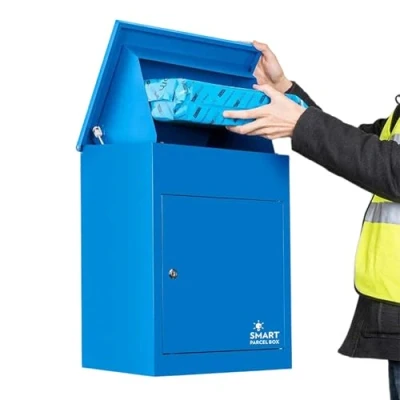 Image of Wall Mounted Smart Parcel Drop Box Blue for Secure Multiple Internet Deliveries of Large Delivery Packets Weatherproof Outdoor