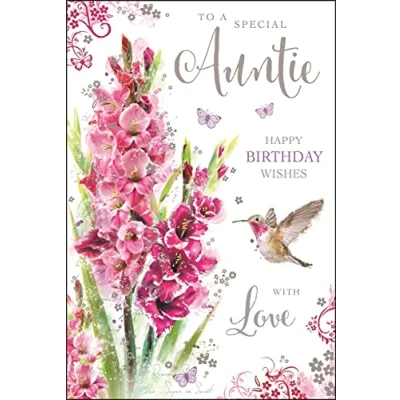 Image of Artistic Female Birthday Card (JJ SG87) Special Auntie Pink Flowers Foil and Flitter Finish Secret Garden Range