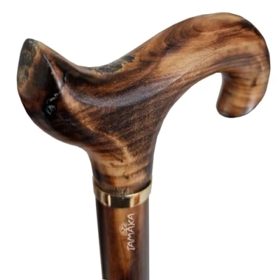 Image of TAMAKA® Gents Handcrafted Scorched Handle Wooden Derby Cane With Collar Walking Stick Mens Ladies 94cm (37&quot;)