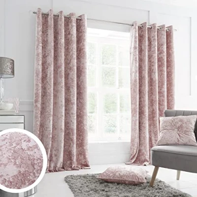 Image of Catherine Lansfield Crushed Velvet 66x90 Inch Lined Eyelet Curtains Two Panels Blush Pink