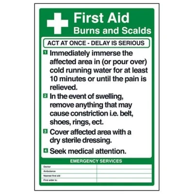 Image of V Safety First Aid Burns And Scalds Poster Sign 200mm x 300mm Self Adhesive Vinyl