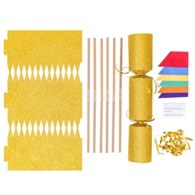 Image of evelay Make Your Own Christmas Cracker Kit Gold Glitter Crackers Hats Snaps Jokes Party Favours 6 Pieces (Gold Glitter)