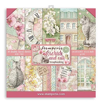 Image of Stamperia INTERNATIONAL, KFT Scrapbooking Pad Double Sided Sheets Orchids and Cats, Paper, Various, 30.5 x
