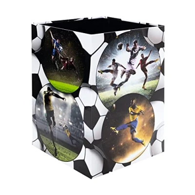 Image of HERMA 19739 Football Design Waste Paper Bin 15 Litres Foldable Sturdy Cardboard Slim for Girls &amp; Boys Rectangular Children&#039;s Room, Bedroom, Study, Office