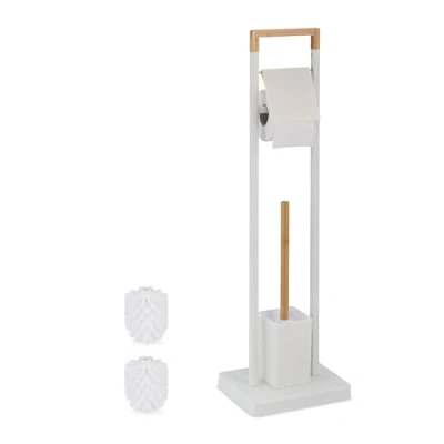 Image of Relaxdays WC Set, Bamboo, Stainless Steel, Free Standing, 2 Spare Heads, Toilet Roll &amp; Brush Holder, White/Natural, 77 x 23 18 cm