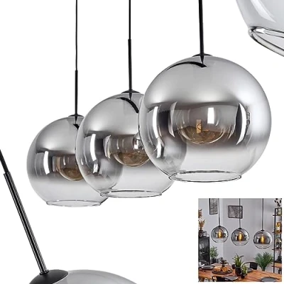 Image of Koyoto Hanging Light, Light Made of Metal/Glass in Black/Smoke/Clear, 3 Flame lamp Vintage/Retro Design with Glass lampshades (Ø 30 cm), Height max. 152 cm, x E27, Without Bulbs
