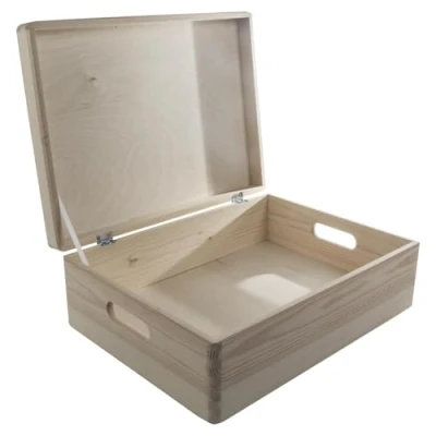 Image of Large Unpainted Wooden Storage Box 40 x 30 14 cm Cut out Handles, Hinged Lid &amp; Holding Tape Memory Keepsake Chest Plain Pine to Decorate Craft