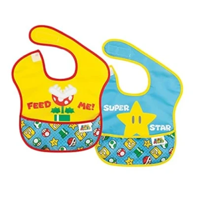 Image of Bumkins Nintendo Super Mario SuperBib, Baby Bib, Waterproof, Washable, Stain and Odor Resistant, 6 24 Months (Pack of 2)
