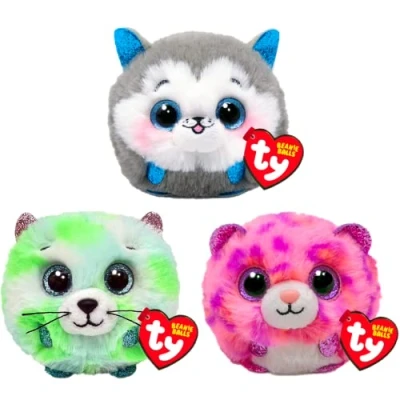 Image of TY Puffies Soft Plush Toy Multipack Evie, Slush, Topaz 4 Inch Collectible Cuddly Stuffed Beanie Baby Teddy