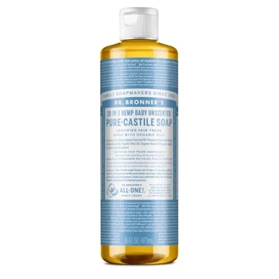 Image of Dr Bronner&#039;s 18 in 1 Baby Unscented Pure Castile Liquid Soap, Made with Organic Oils, Used for Face, Hair, Babies, Laundry and Dishes, Certified Fair Trade &amp; Vegan Friendly, 473ml Recyled Bottle