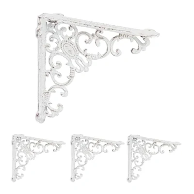 Image of Shelf Brackets, Set of 4, Cast Iron, Antique Style Supports, for Wall Mounted Shelves, 21.5x4x21.5 cm, White Relaxdays
