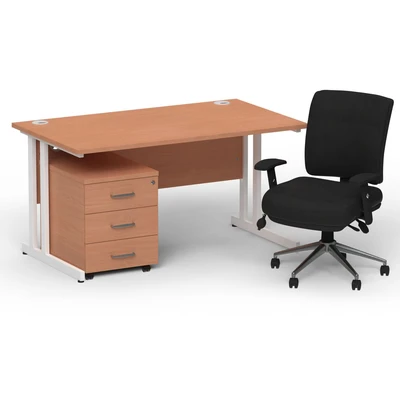 Image of Impulse 1400 White Cant Desk Beech + 3 Dr Mobile Ped &amp; Chiro Black