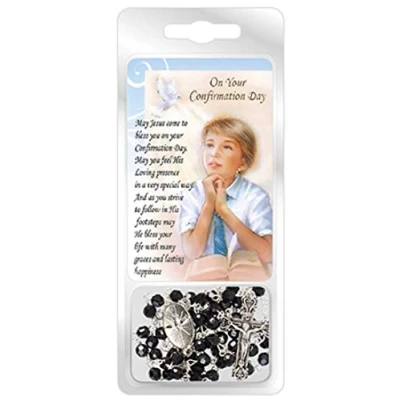 Image of Confirmation Rosary &amp; Prayer Card Set Black Beads Gift Boys