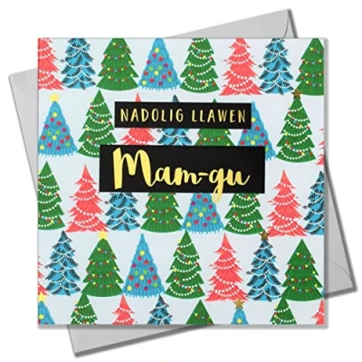 Image of Welsh Christmas Card, Mam gu, Granny Trees, text foiled in shiny gold