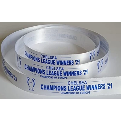 Image of Chelsea Champions League Winners 21&#039; Satin Ribbon 25mm x 1 Metre (White Ribbon/Blue Print)