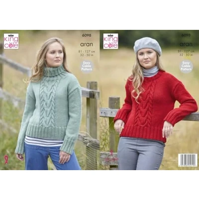 Image of King Cole Ladies Aran Knitting Pattern Womens Round or Polo Neck Sweater (6098)