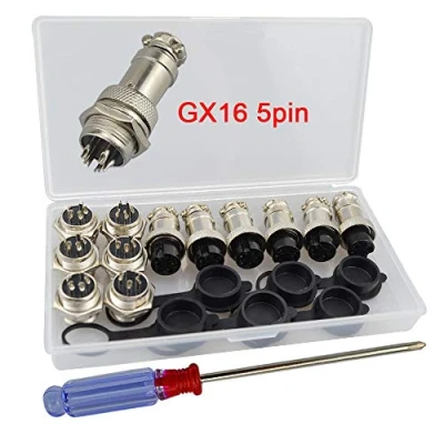 Image of QitinDasen 6Pcs Premium 5 Pin GX16 Aviation Connector, 5A 16mm Thread Male Female Panel Metal Wire Connector Plug Socket, with Rubber Protector Cap and Phillips Screwdriver