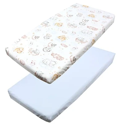 Image of TupTam baby fitted sheet children for bed cot pack of 2, Animals on Clouds/Blue, 70 x 140 cm