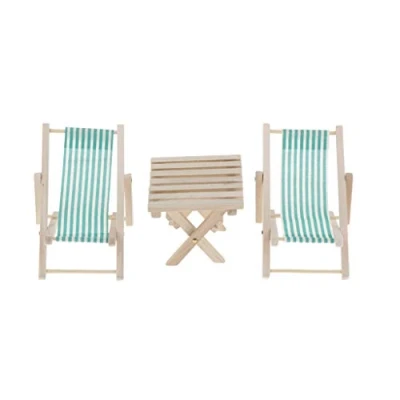 Image of Perfeclan 1:6 Miniature Dollhouse Foldable Wooden Beach Table &amp; Stripe Chaise Longue (3PCS) Dolls House Outdoor Furniture for 12inch BJD Dolls, Green, as described