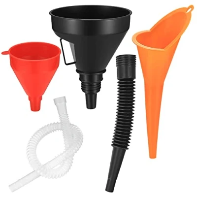 Image of 3 Pcs Right Angle Flexible Plastic Funnel Set, Universal Car Gasoline Fuel Petrol Engine with Detachable Spout and Long Mouth Funnels for Motorcycle Automotive Red/Orange/Black
