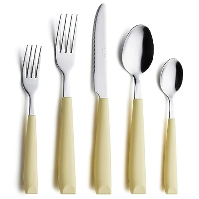 Image of Annova Stainless Steel Cutlery Set with Color Handles Dinner Forks, Salad Table Knives, Tablespoons, Teaspoons Service for 4 (Yellow)