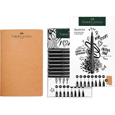 Image of Faber Castell 267102 Sketch Set 9 Pieces with Book and Ink Pens Pitt Artist Pen