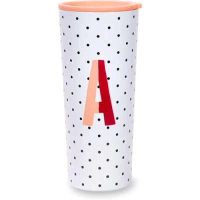 Image of Kate Spade New York Insulated Stainless Steel Initial Tumbler, 24 Ounce Double Wall Travel Cup with Lid, A (Pink)
