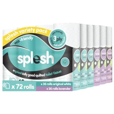 Image of Splesh by Cusheen 3 ply Toilet Roll Soft, Quilted Bulk Rolls, Eco Friendly Tissue Loo Made in UK 72 Rolls (White 36s) &amp; (Lavender