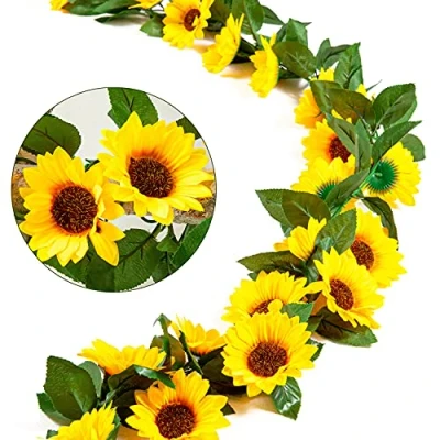 Image of Whaline 2 Pack Artificial Sunflower Garland Silk Vine Faux Flower Hanging with Green Leaves Fake Floral Arrangement for Wedding Party Anniversary Home Office Table Centerpiece Decor