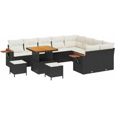 Image of vidaXL 12 Piece Garden Sofa Set with Cushions Black Poly Rattan Acacia
