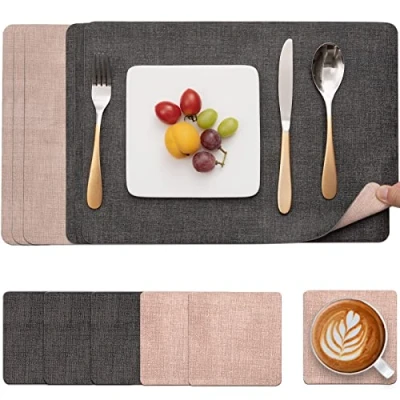 Image of Myir JUN Placemats and Coasters Set of 6, Place Mats Dual Sided Faux Leather Table PU Indoor Outdoor Heat Resistant Placemat Square Non Slip Wipeable Washable Dining Restaurant (Grey Pink)