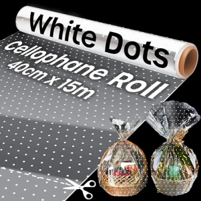 Image of 15m Christmas Cellophane Wrap, Wrap for Hampers, Clear with Polkadot Design Xmas, Roll Gift Baskets and Gifts, (40cm Wide)