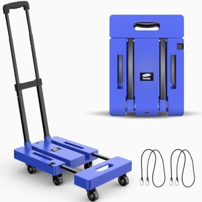 Image of Ronlap Folding Hand Truck, 6 Wheels Fold Up Cart with 2 Elastic Ropes, Portable 225KG Capacity Heavy Duty Luggage Cart, Utility Dolly Platform for Car House Office Moving, Blue