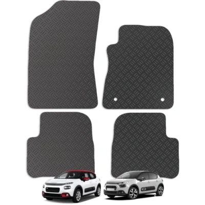 Image of Carsio Rubber Car Mats For Citroen C3 2017+ Onwards Tailored Fit Floor Mat Set Complete Accessory Black Custom Fitted All Weather &amp; Heavy Duty, Anti Slip Backing with Clips