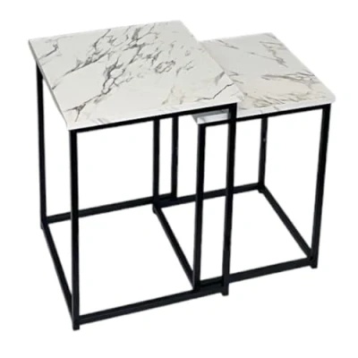 Image of HOMELOX Set Of 2 Tables Marble Effect Nest Table With Black Metal Frame Living Room Coffee