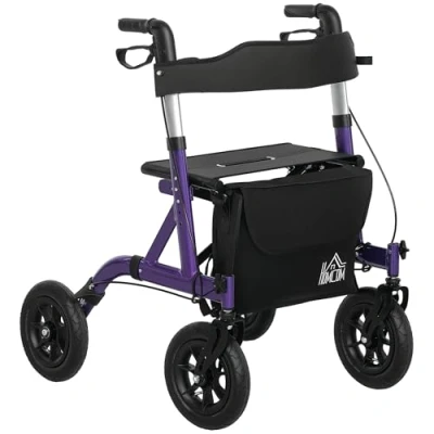 Image of HOMCOM Folding Rollator Walker with Seat, Backrest, Lightweight Walking Frame Storage Bag, Dual Brakes, All Terrain Wheels, Adjustable Handle Height, 4 Wheeled for Seniors, Purple