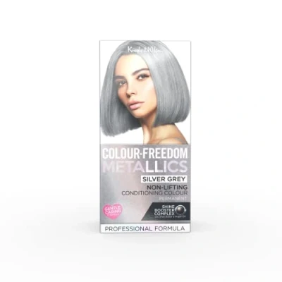 Image of Colour Freedom Metallic Permanent Silver grey Conditioning Hair Dye. Infused with Shea Butter and Argan Oil for Ultra Glossy Conditioned Hair. 100% coverage. By Knight &amp; Wilson.