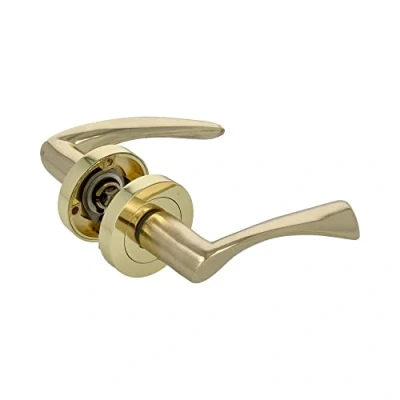 Image of Amig Elegant Zamak Door Handle Set 2 Round Rosettes, Easy Installation Durable &amp; Clean, Gold Painted Brass, 450 mm, Metal Brass