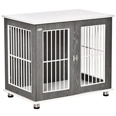 Image of PawHut Dog Crate Wooden Pet Kennel Cage End Table w/Lockable Door for Small Medium Grey &amp; White 85 x 55 75 cm