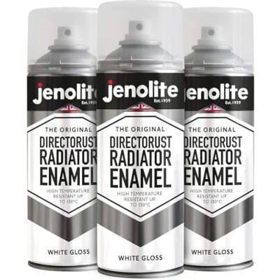 Image of JENOLITE Directorust Radiator Enamel Spray Paint WHITE Gloss Finish Resistant to 130ºC Durable, Scuff Resistant, Non Yellowing No Primer Needed 3 x 400ml