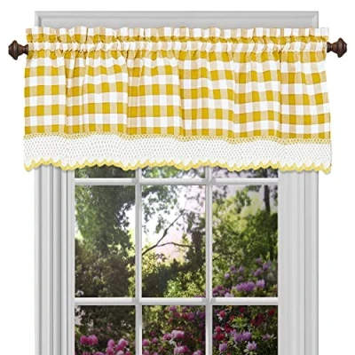 Image of Buffalo Check Valance Window Curtains 58 Inch Width, 14 Length Yellow &amp; White Plaid Light Filtering Farmhouse Country Drapes for Bedroom Living Dining Room by Achim Home Décor