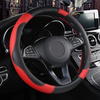 Image of Istn Unisex&#039;s Sport Style Contrast Color Non slip Sweat Good Breathable PU Leatherette 15 inch Car Steering Wheel Cover 38cm Red