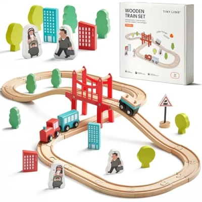 Image of Wooden Train Set for Toddler 39 Piece with Tracks Fits Thomas/Brio/Chuggington/Melissa and Doug Expandable, Changeable Toy 3 4 5 Years Old Girls &amp; Boys