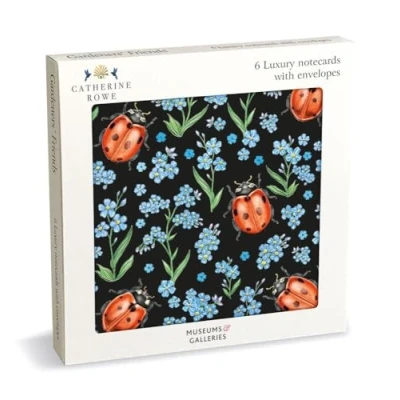 Image of Pack of 6 Notecards Flowers and Ladybirds Artistic Garden Design by Catherine Rowe General Cards Suitable for Birthday Other Occasions Made in the UK Eco Friendly