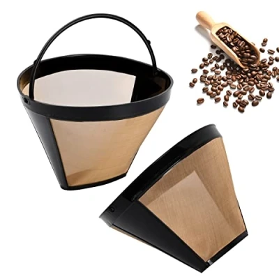 Image of Zsanhua 2PCS Coffee Filter, Universal Permanent Filter Stainless Steel Washable and Reusable Mesh Basket Cup, Gold Tone with Handle Accessories
