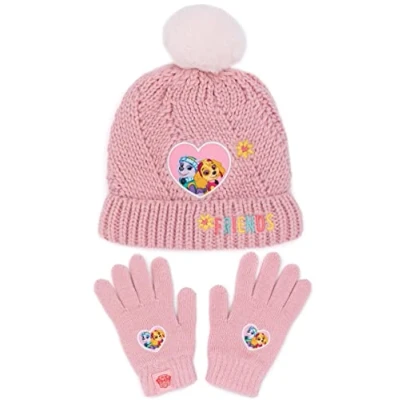 Image of Paw Patrol Hat and Gloves Set Kids Children Toddlers Girls Pink Skye Everest Winter Double Lined Pom Beanie One Size
